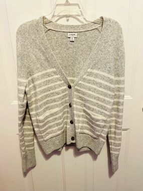 J. Crew Gray and White Striped V-Neck extra soft Cardigan